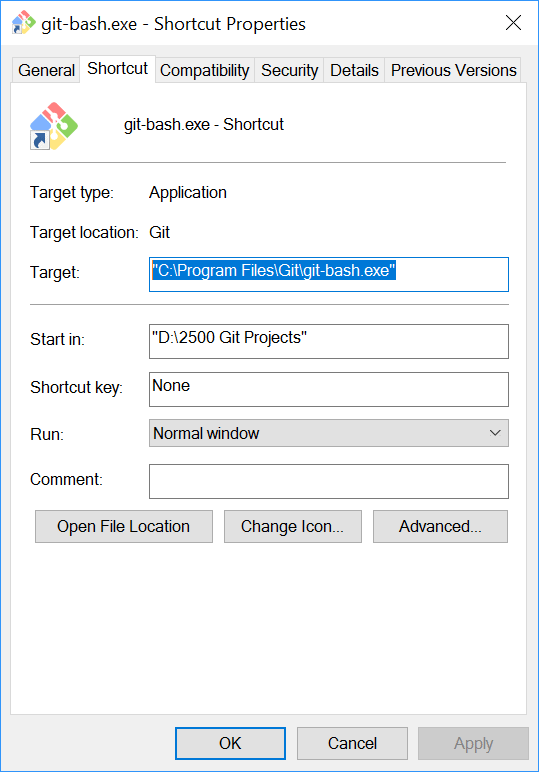 Figure 3.23 - Modified Git Bash shortcut dialogue box