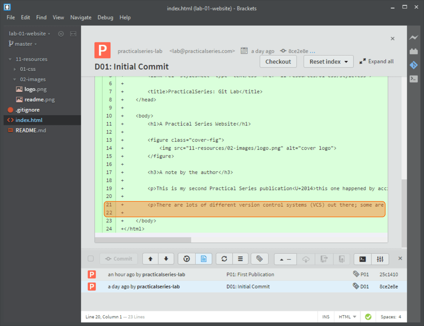 Figure 6.43 - index.html at the first commit point