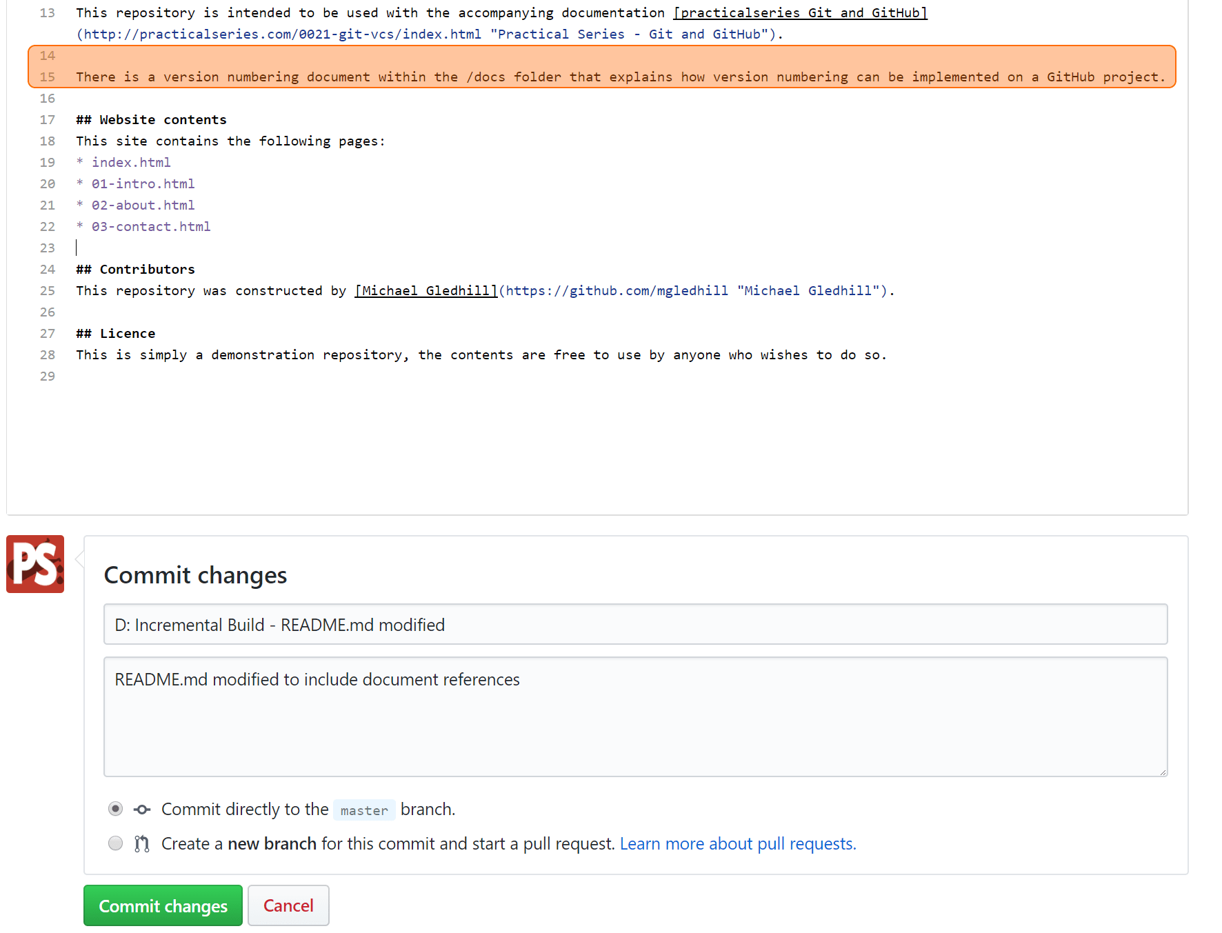 Figure 9.27 - GitHub—commit the edited file