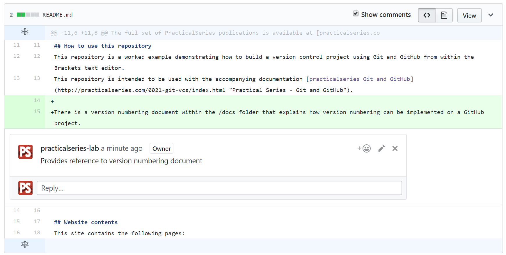 Figure 9.43 - GitHub—inline commit comment — reply, edit and delete