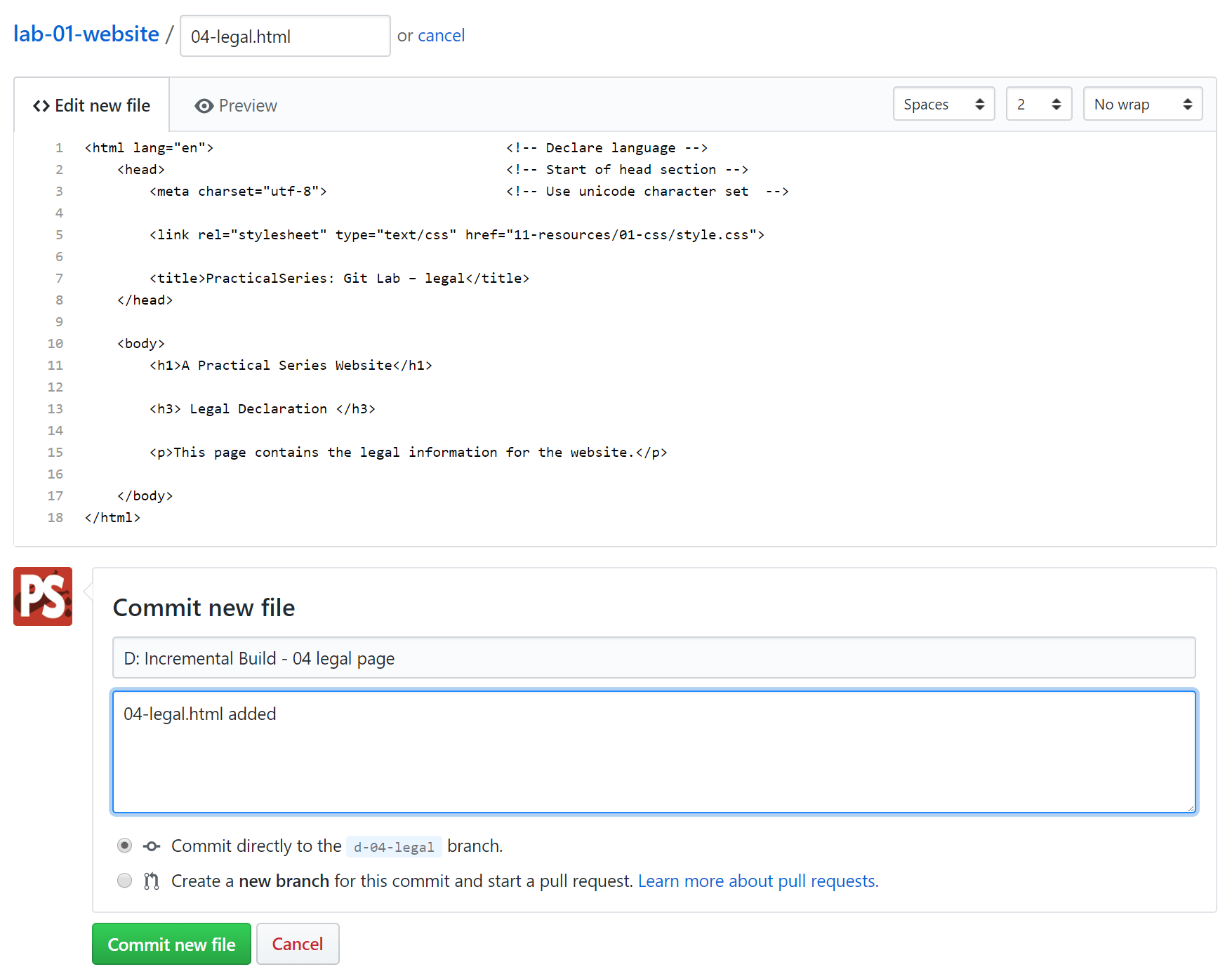Figure 9.53 - GitHub—add a page to the d-04-legal branch