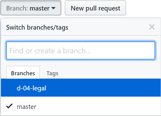 Figure 9.65 - GitHub—switch to d-04-legal branch
