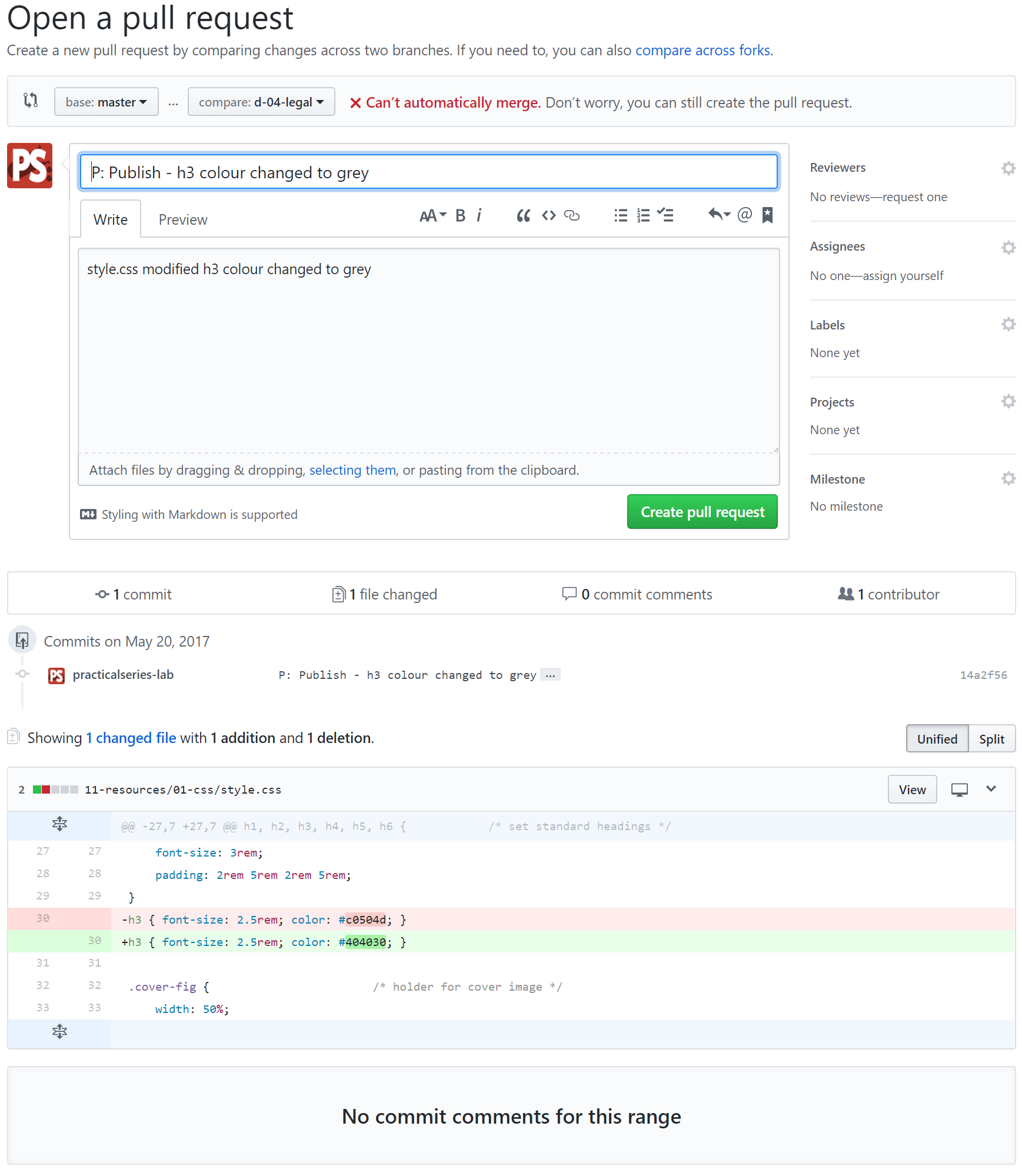 Figure 9.71 - GitHub—open pull request with a conflict