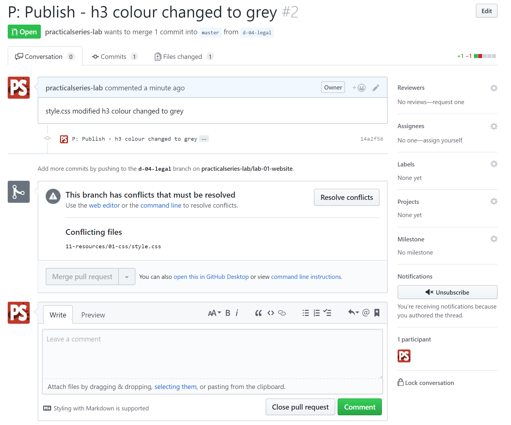 Figure 9.72 - GitHub—pull request with a conflict