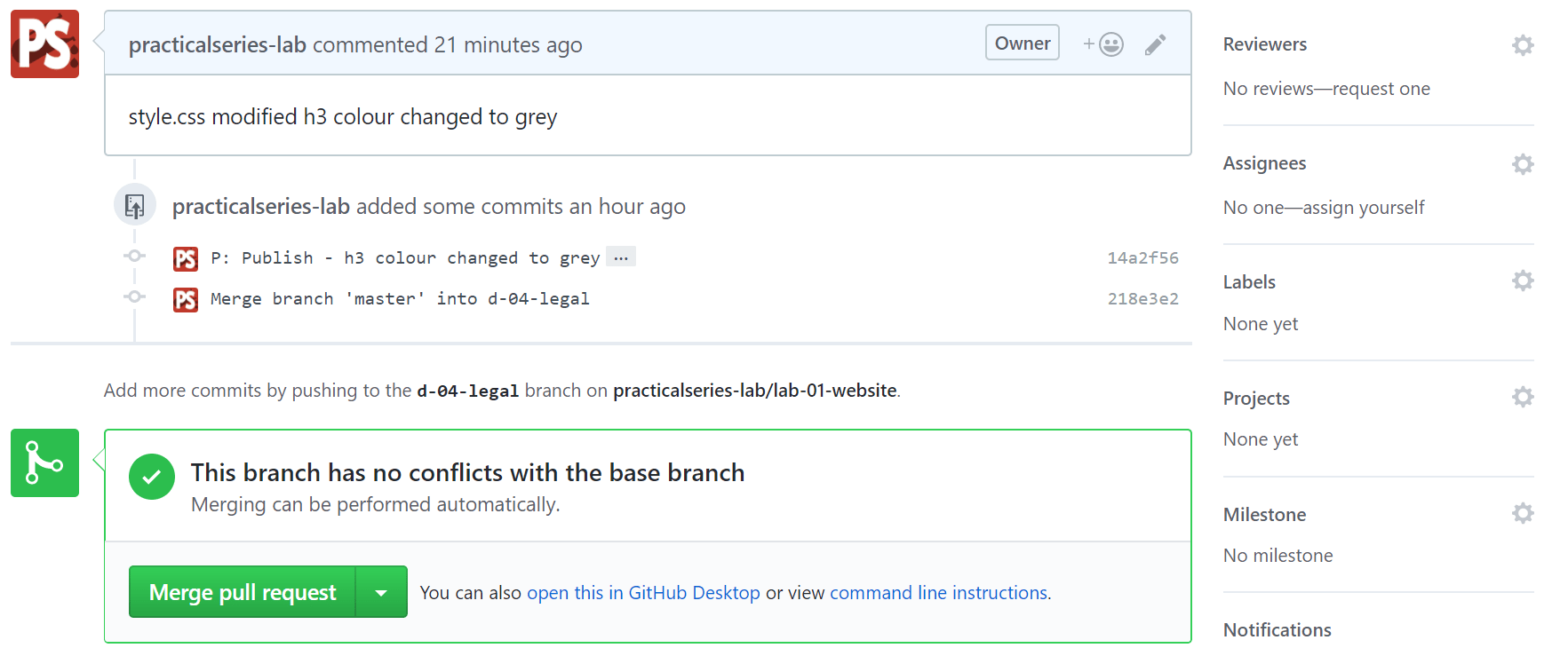 Figure 9.76 - GitHub—pull request status page after conflict resolution
