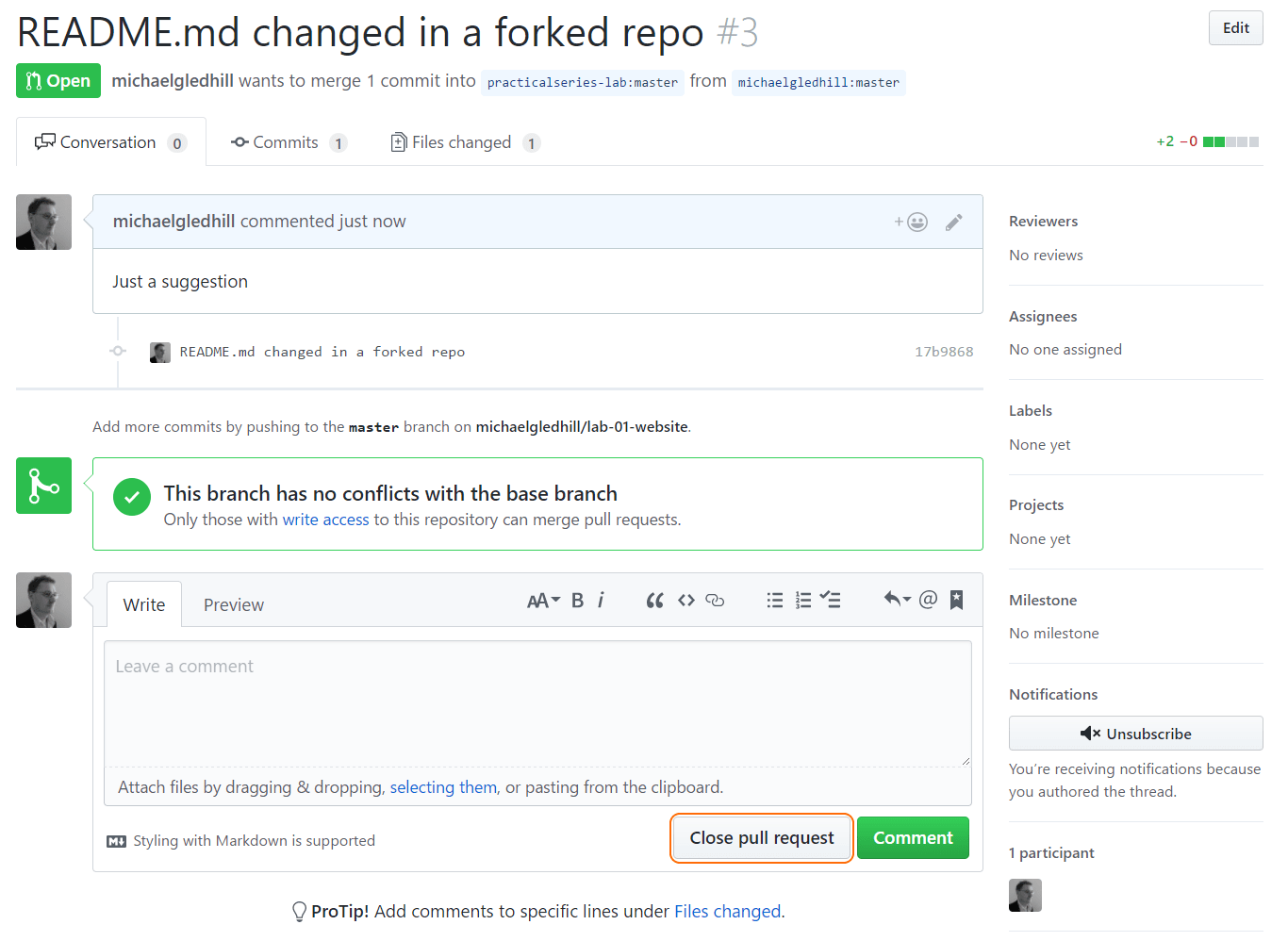 Figure 10.15 - Forked repository pull request