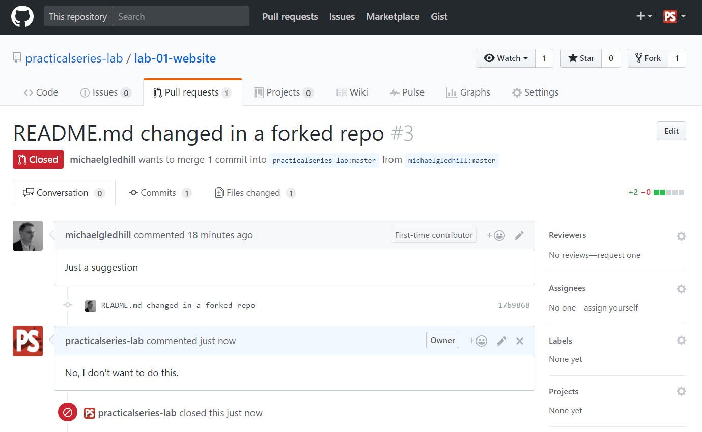 Figure 10.19 - Closed pull request from the owner’s side