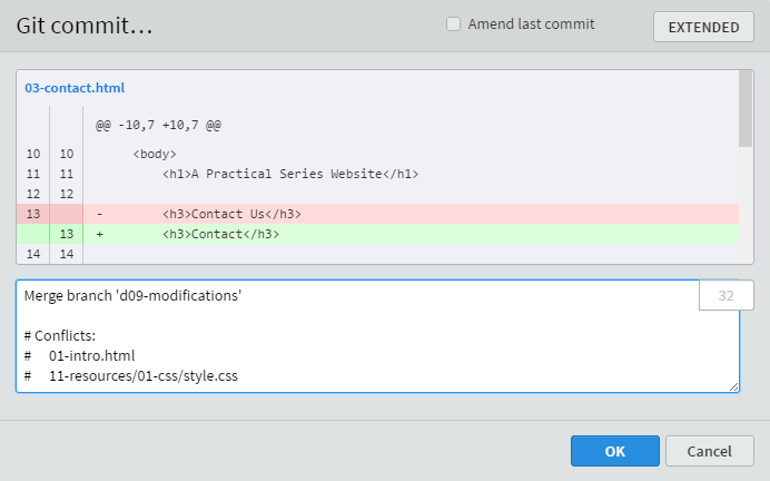 Figure F.21 - Commit resolved conflict, default message